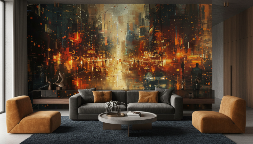 Ville Futuriste Abstraite aux Reflets Dorés et Orangés Lumineux - Salon / Séjour