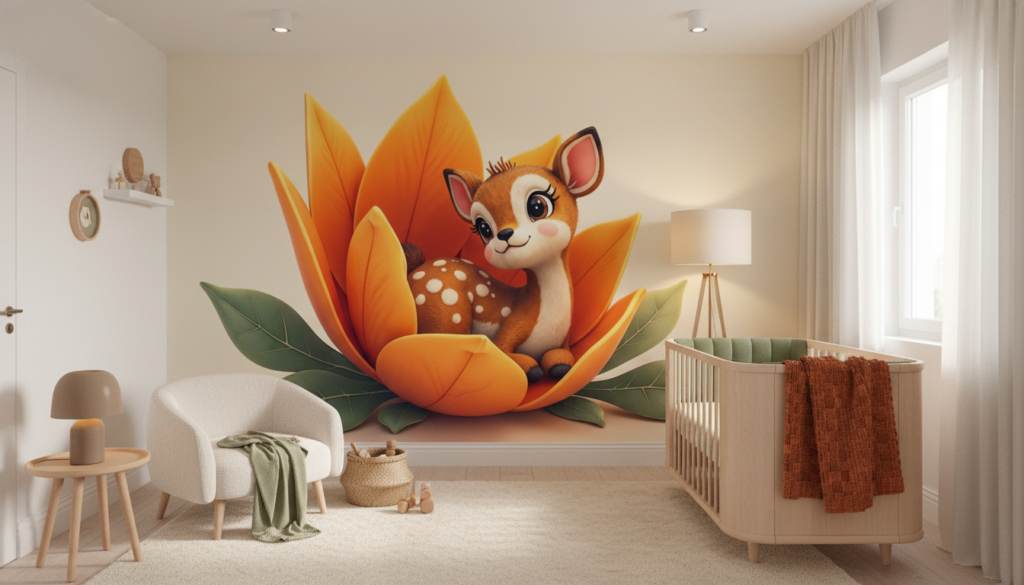 Adorable Faon Assis dans une Grande Fleur Orange Décorative - Chambre bébé