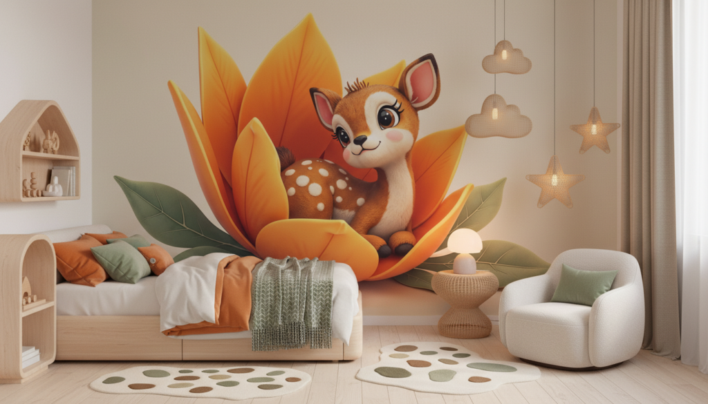 Adorable Faon Assis dans une Grande Fleur Orange Décorative - Chambre enfant