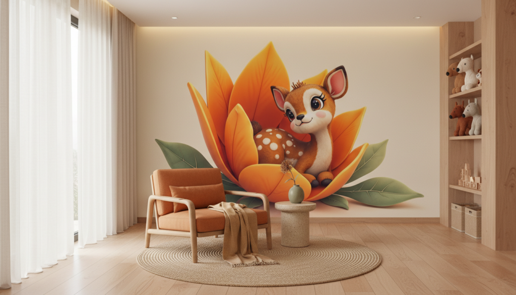 Adorable Faon Assis dans une Grande Fleur Orange Décorative - Espace enfant (pro)