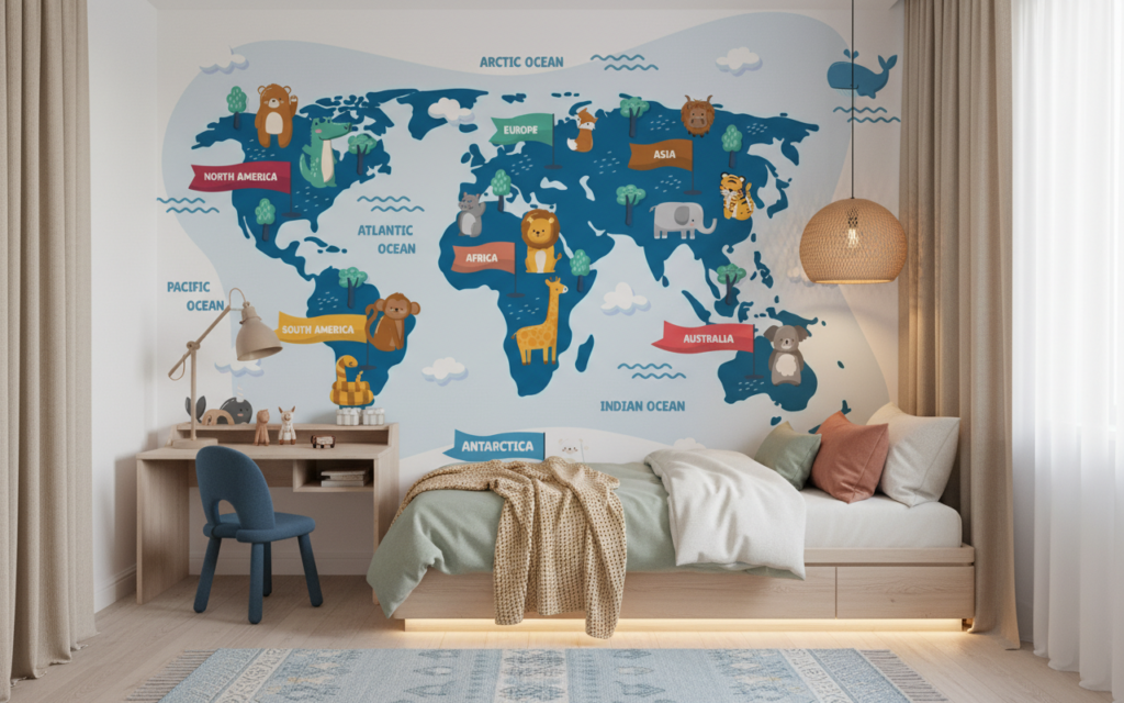 Carte du Monde Enfantine avec Animaux et Océans Colorés - Chambre enfant