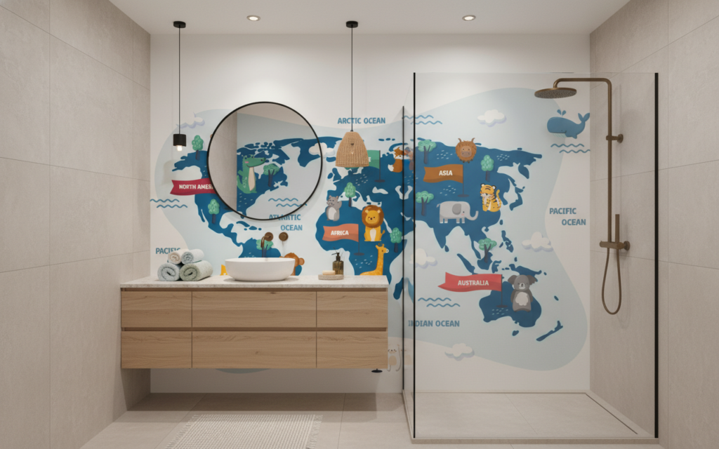 Carte du Monde Enfantine avec Animaux et Océans Colorés - Salle de bain