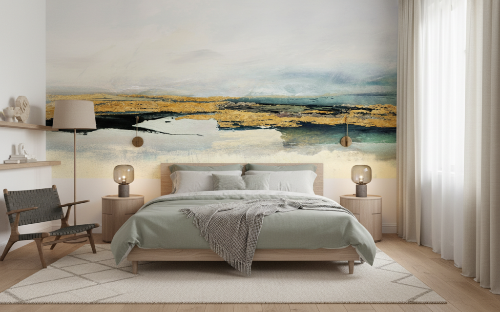 Papier peint abstrait aquarelle paysage turquoise et ocre minimaliste - Chambre adulte