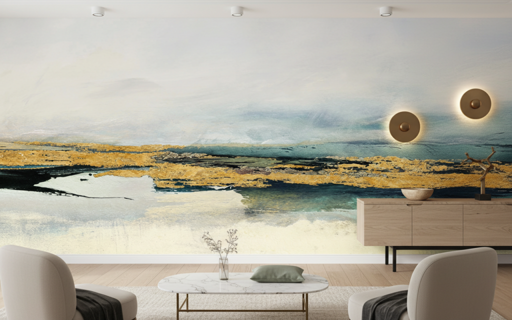 Papier peint abstrait aquarelle paysage turquoise et ocre minimaliste - Hôtel