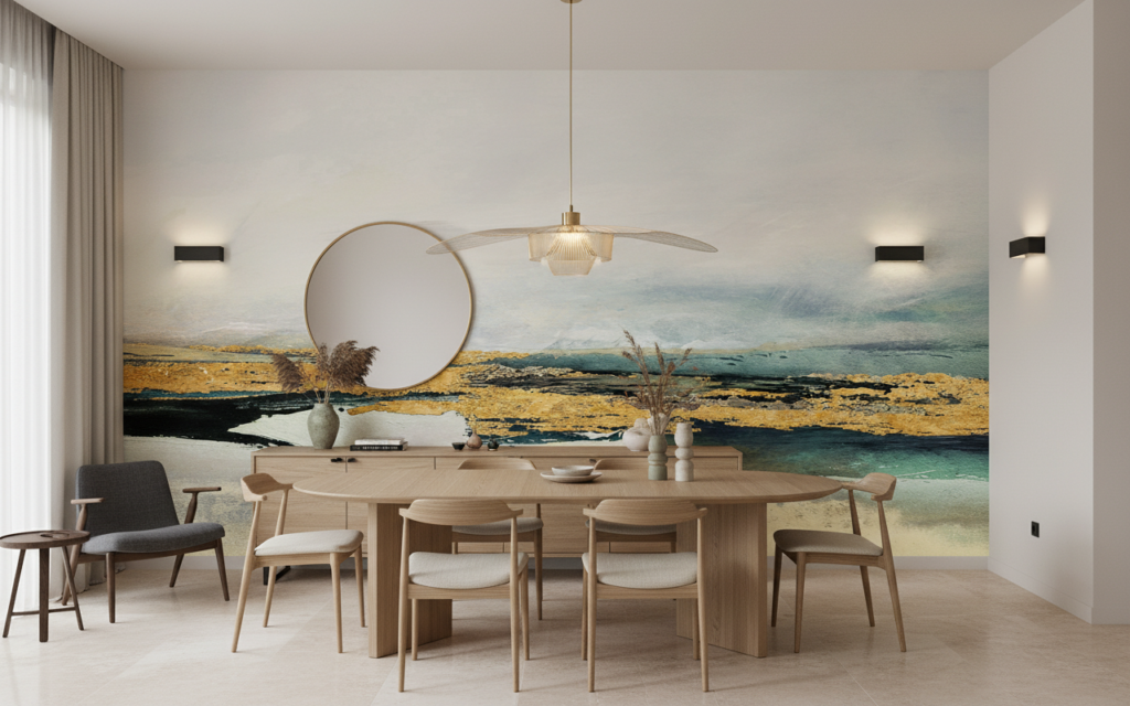 Papier peint abstrait aquarelle paysage turquoise et ocre minimaliste - Salle à manger