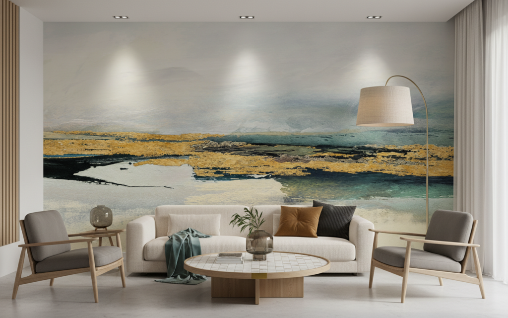 Papier peint abstrait aquarelle paysage turquoise et ocre minimaliste - Salon / Séjour
