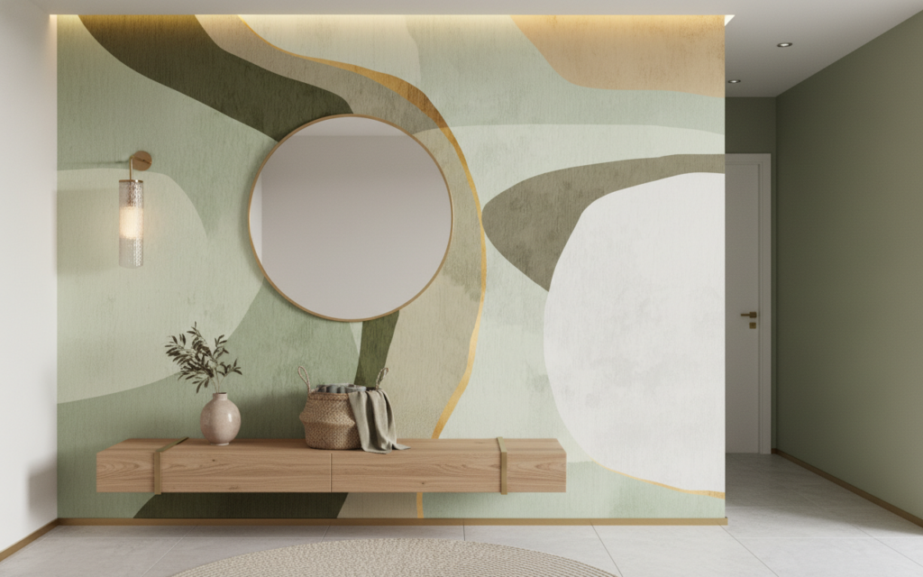 Papier peint abstrait aux courbes organiques vert olive et beige - Entrée