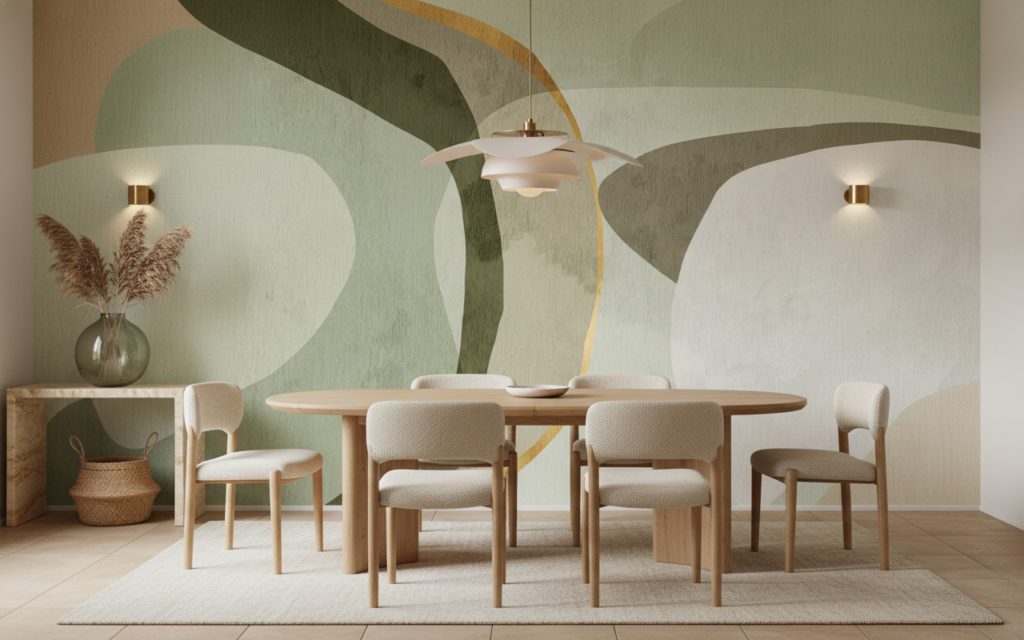 Papier peint abstrait aux courbes organiques vert olive et beige - Salle à manger