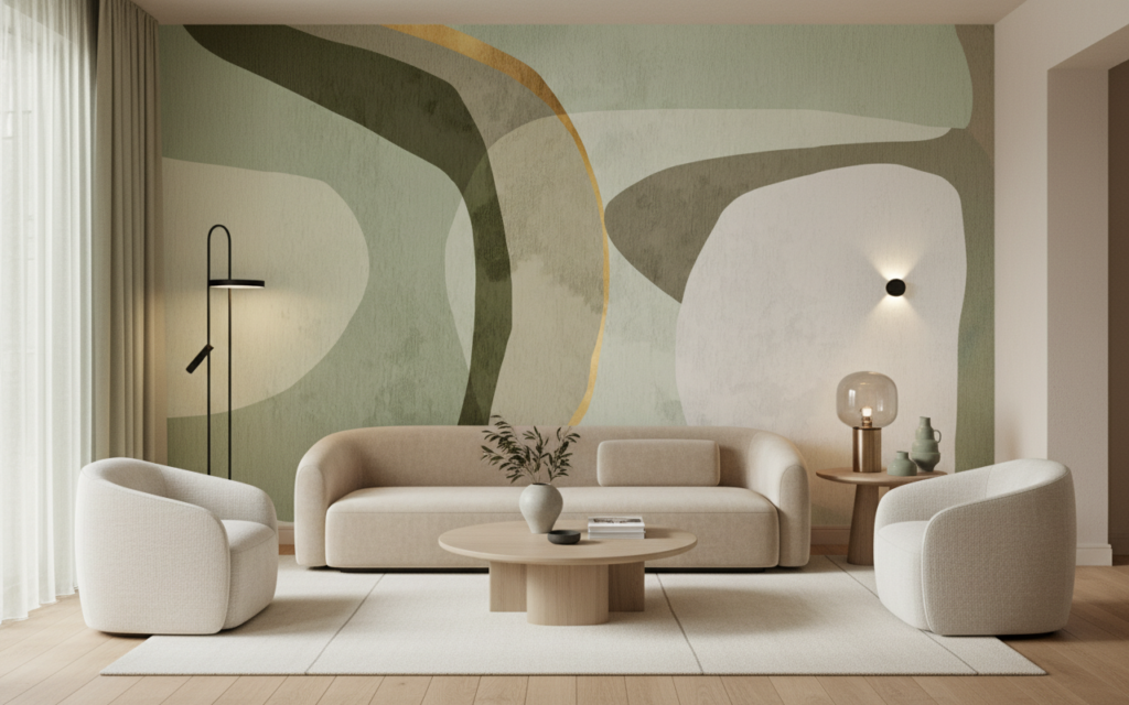 Papier peint abstrait aux courbes organiques vert olive et beige - Salon / Séjour