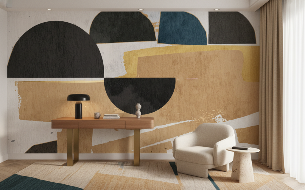 Papier peint abstrait aux formes géométriques terre et bleu - Bureau