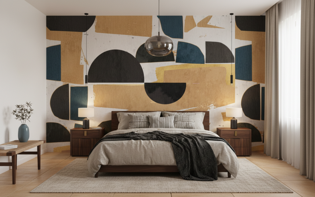 Papier peint abstrait aux formes géométriques terre et bleu - Chambre adulte