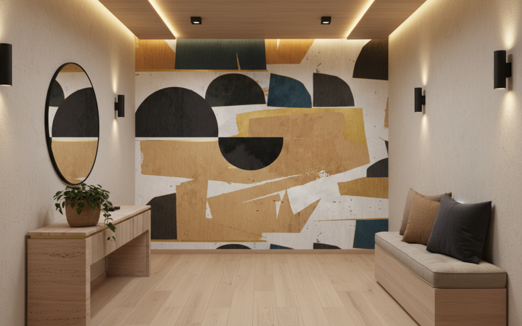 Papier peint abstrait aux formes géométriques terre et bleu - Couloir