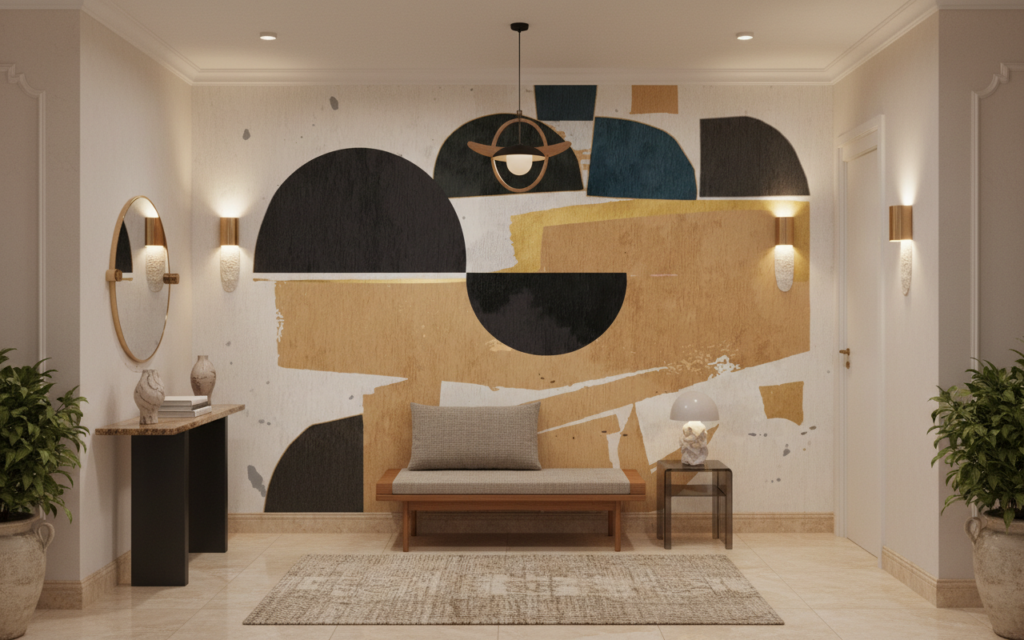 Papier peint abstrait aux formes géométriques terre et bleu - Entrée