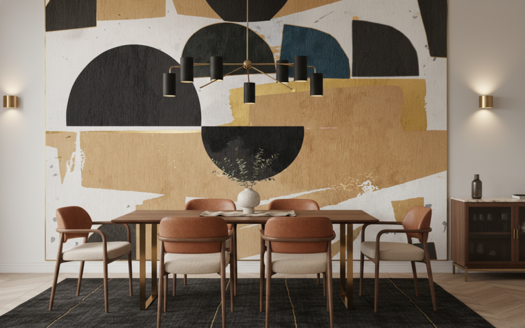 Papier peint abstrait aux formes géométriques terre et bleu - Salle à manger