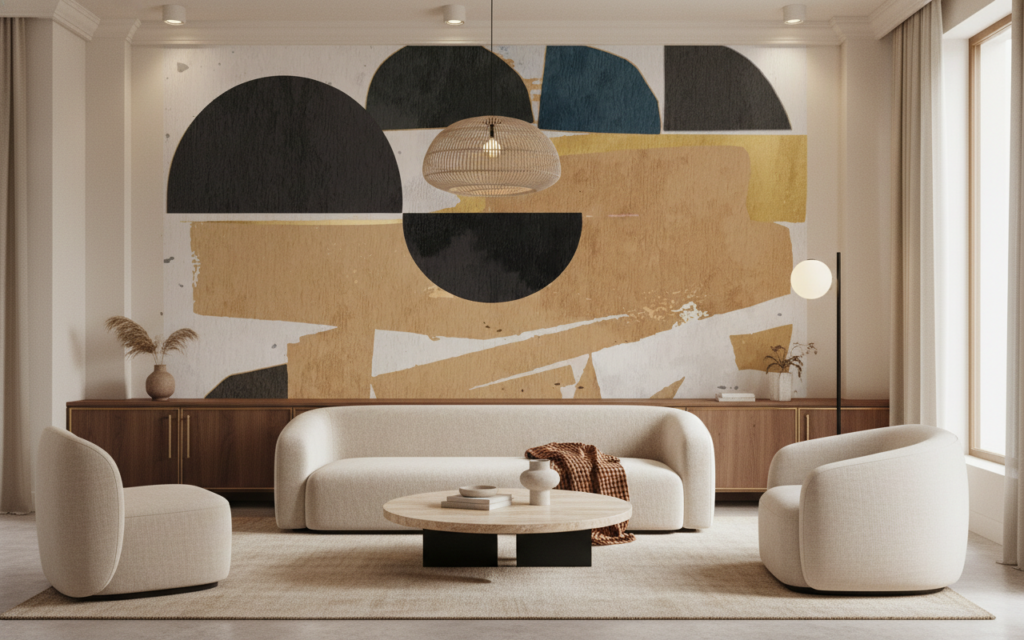 Papier peint abstrait aux formes géométriques terre et bleu - Salon / Séjour