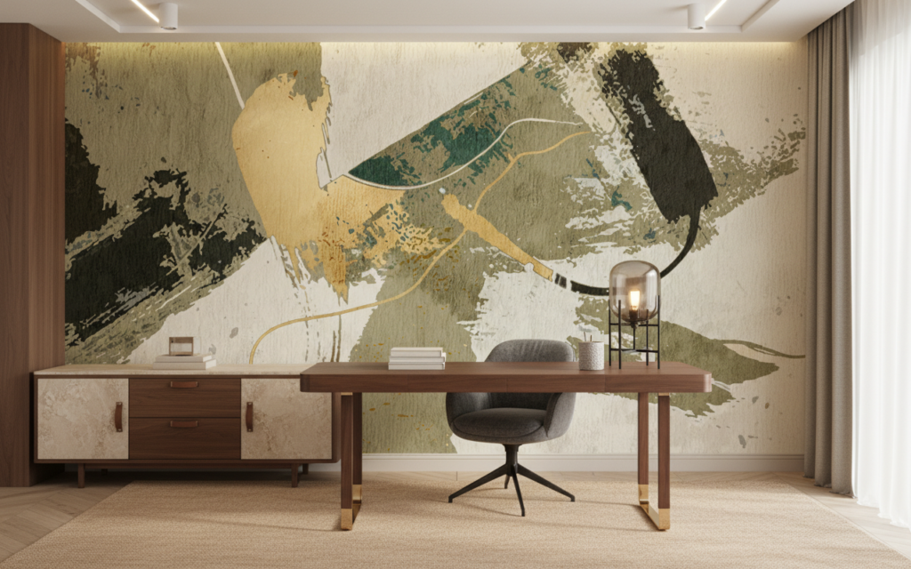 Papier peint abstrait aux nuances terreuses et touches dorées - Bureau