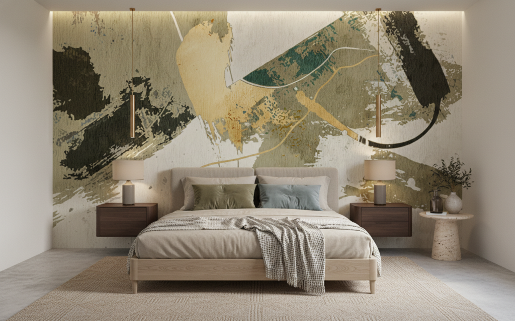 Papier peint abstrait aux nuances terreuses et touches dorées - Chambre adulte