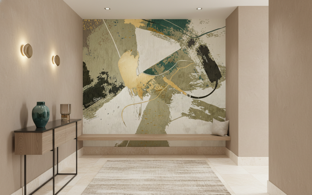 Papier peint abstrait aux nuances terreuses et touches dorées - Couloir