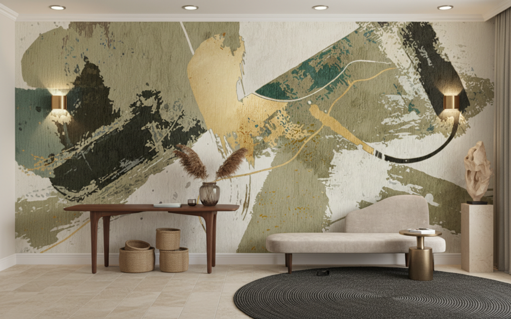 Papier peint abstrait aux nuances terreuses et touches dorées - Entrée