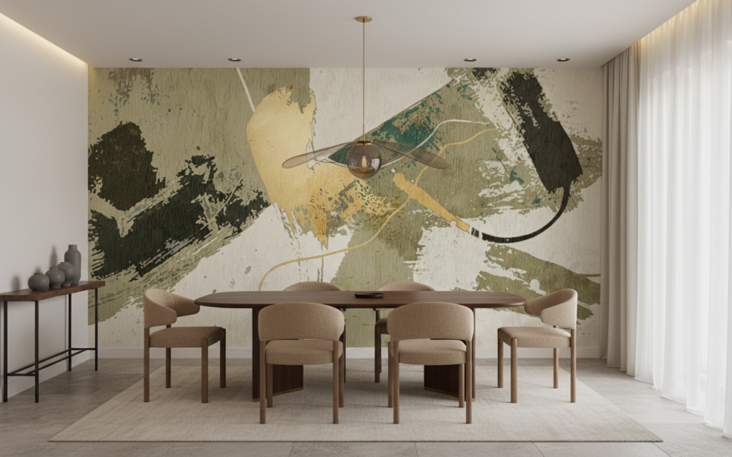Papier peint abstrait aux nuances terreuses et touches dorées - Salle à manger