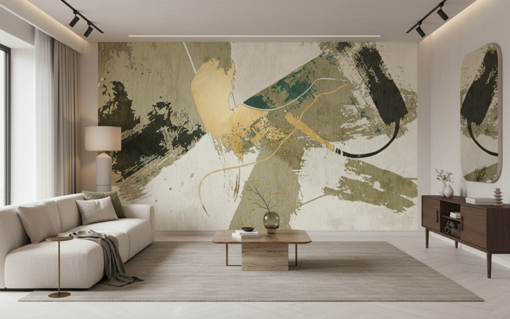 Papier peint abstrait aux nuances terreuses et touches dorées - Salon / Séjour