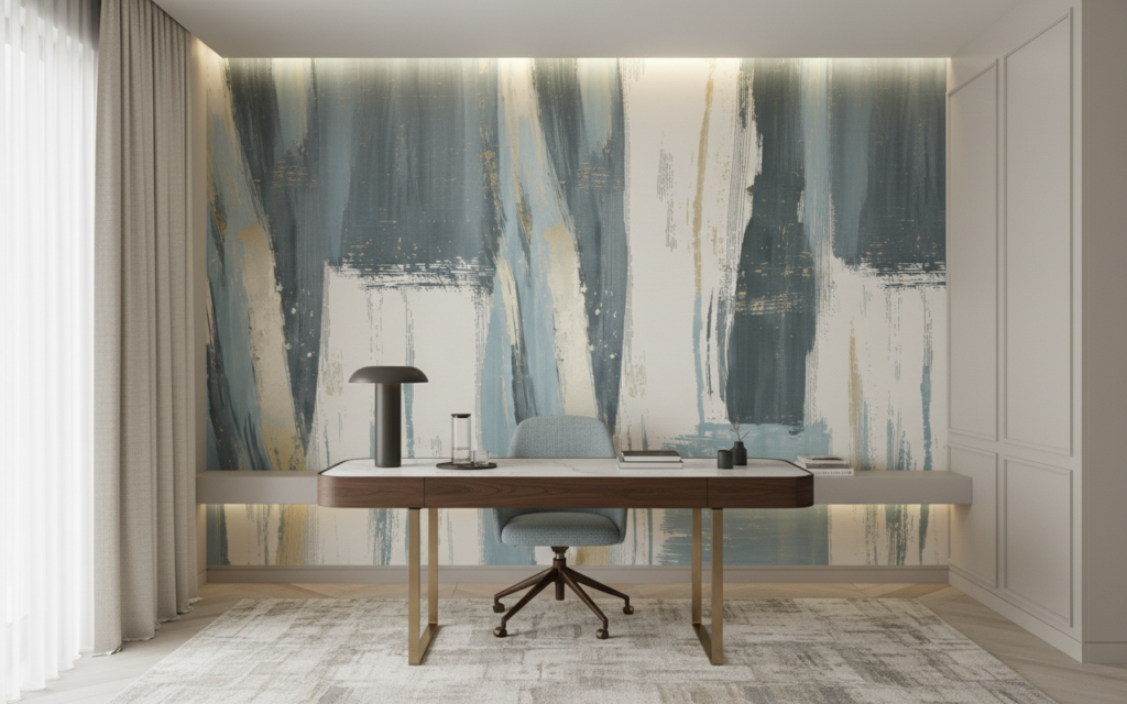 Papier peint abstrait aux pinceaux bleus et beiges texture moderne - Bureau