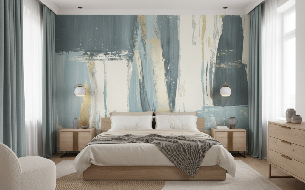 Papier peint abstrait aux pinceaux bleus et beiges texture moderne - Chambre adulte