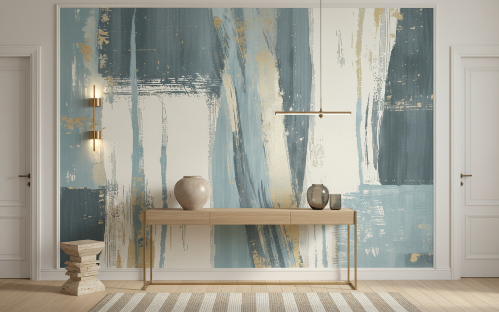 Papier peint abstrait aux pinceaux bleus et beiges texture moderne - Entrée