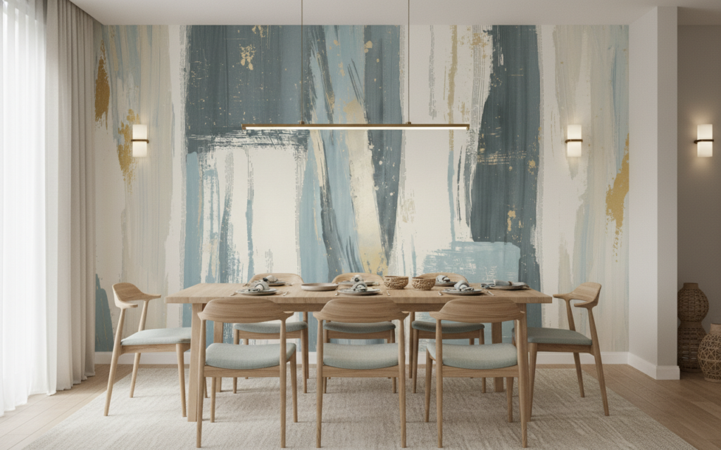 Papier peint abstrait aux pinceaux bleus et beiges texture moderne - Salle à manger