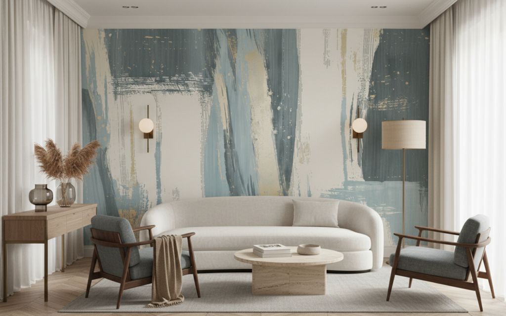 Papier peint abstrait aux pinceaux bleus et beiges texture moderne - Salon / Séjour