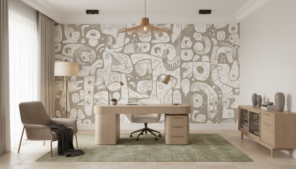 Papier Peint Abstrait Beige et Blanc Style Contemporain Organique - Bureau