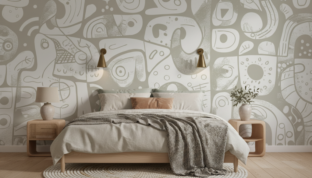 Papier Peint Abstrait Beige et Blanc Style Contemporain Organique - Chambre adulte