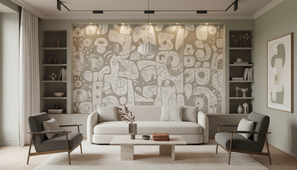 Papier Peint Abstrait Beige et Blanc Style Contemporain Organique - Salon / Séjour