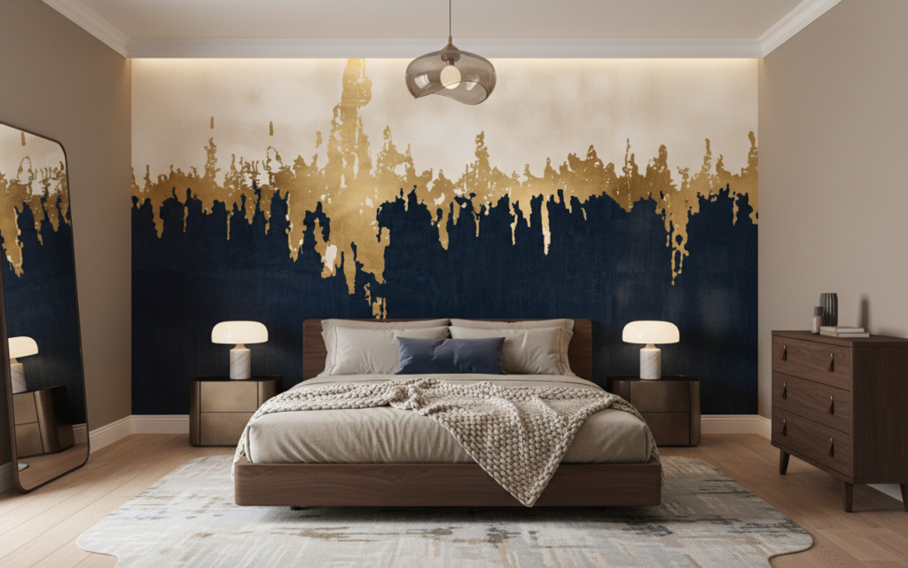 Papier Peint Abstrait Dégradé Doré et Bleu Marine Effet Encre - Chambre adulte