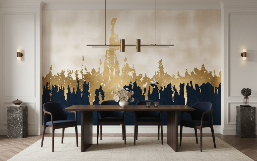 Papier Peint Abstrait Dégradé Doré et Bleu Marine Effet Encre - Salle à manger