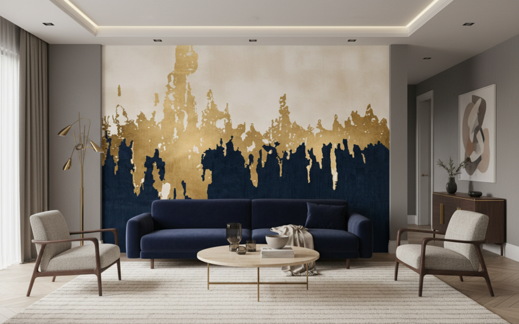 Papier Peint Abstrait Dégradé Doré et Bleu Marine Effet Encre - Salon / Séjour