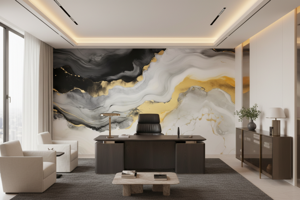 Papier peint abstrait fluide or gris blanc effet marbre liquide - Bureau