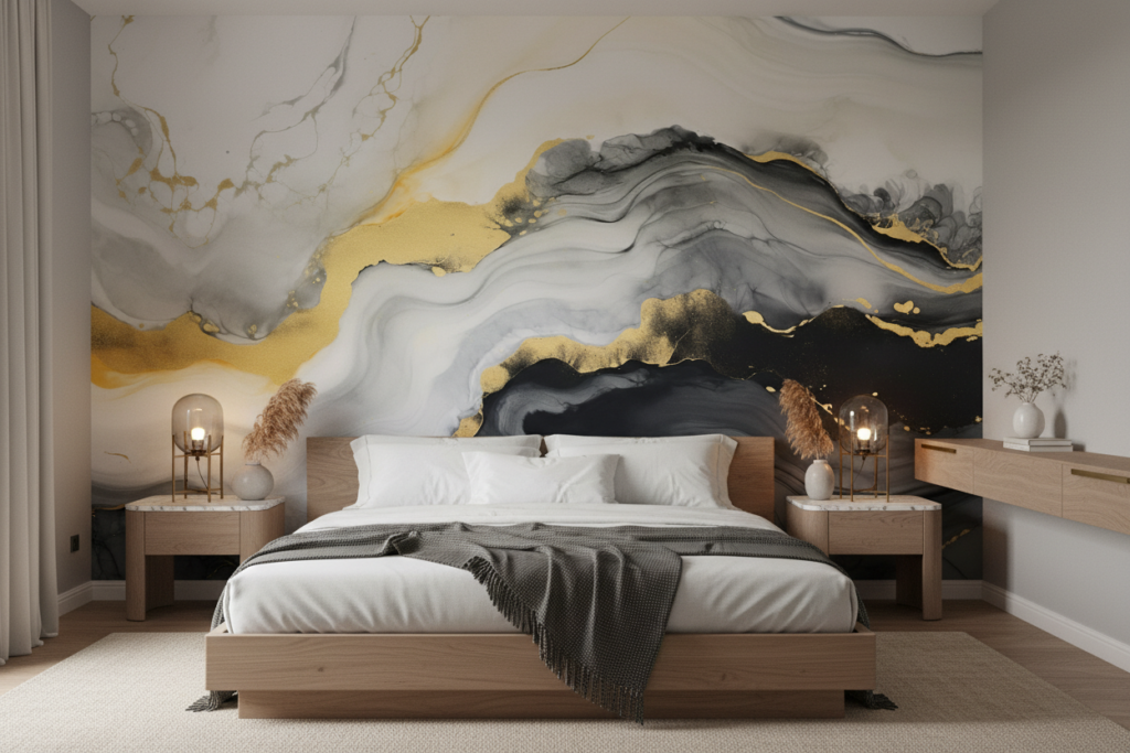 Papier peint abstrait fluide or gris blanc effet marbre liquide - Chambre adulte