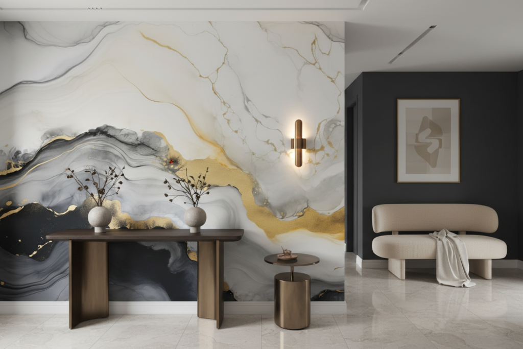 Papier peint abstrait fluide or gris blanc effet marbre liquide - Entrée