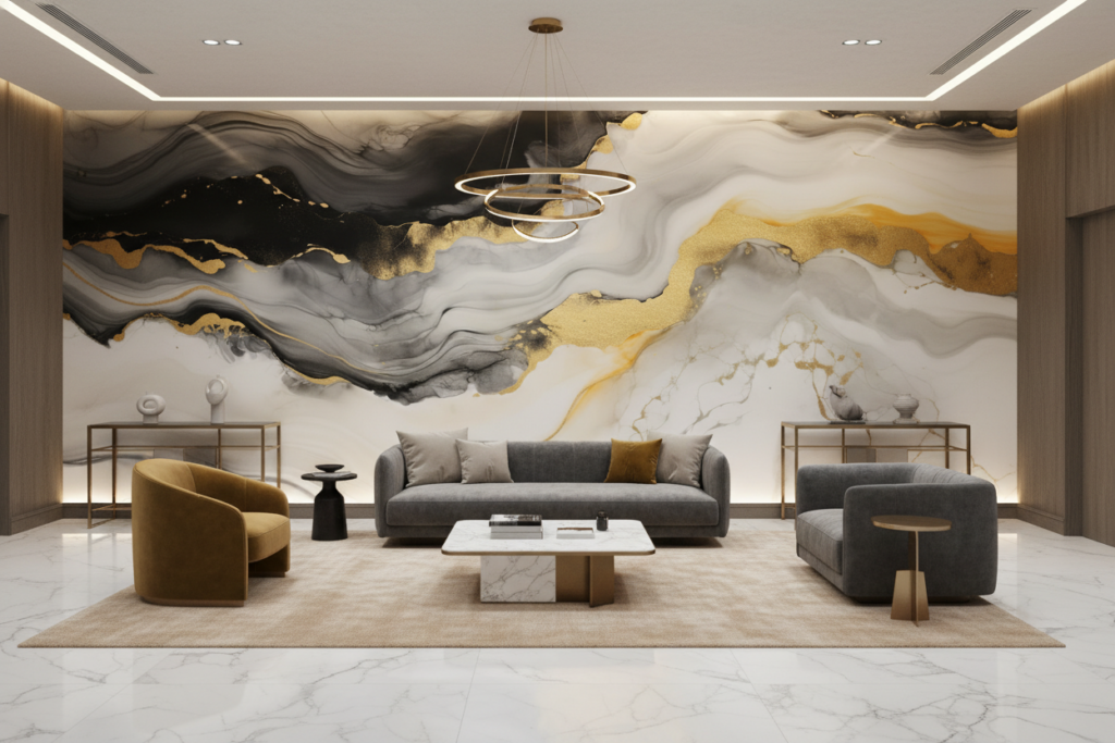 Papier peint abstrait fluide or gris blanc effet marbre liquide - Hôtel