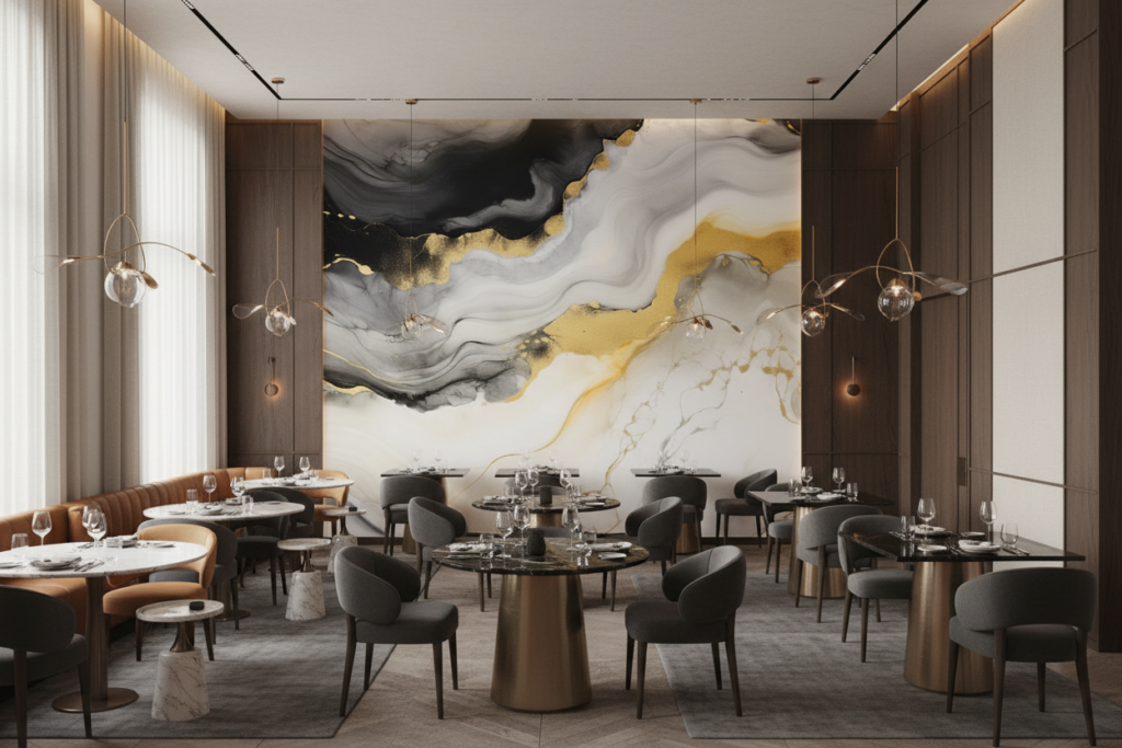 Papier peint abstrait fluide or gris blanc effet marbre liquide - Restaurant