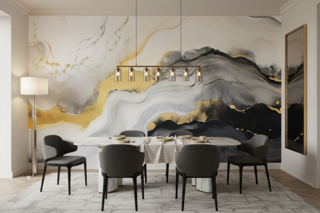 Papier peint abstrait fluide or gris blanc effet marbre liquide - Salle à manger