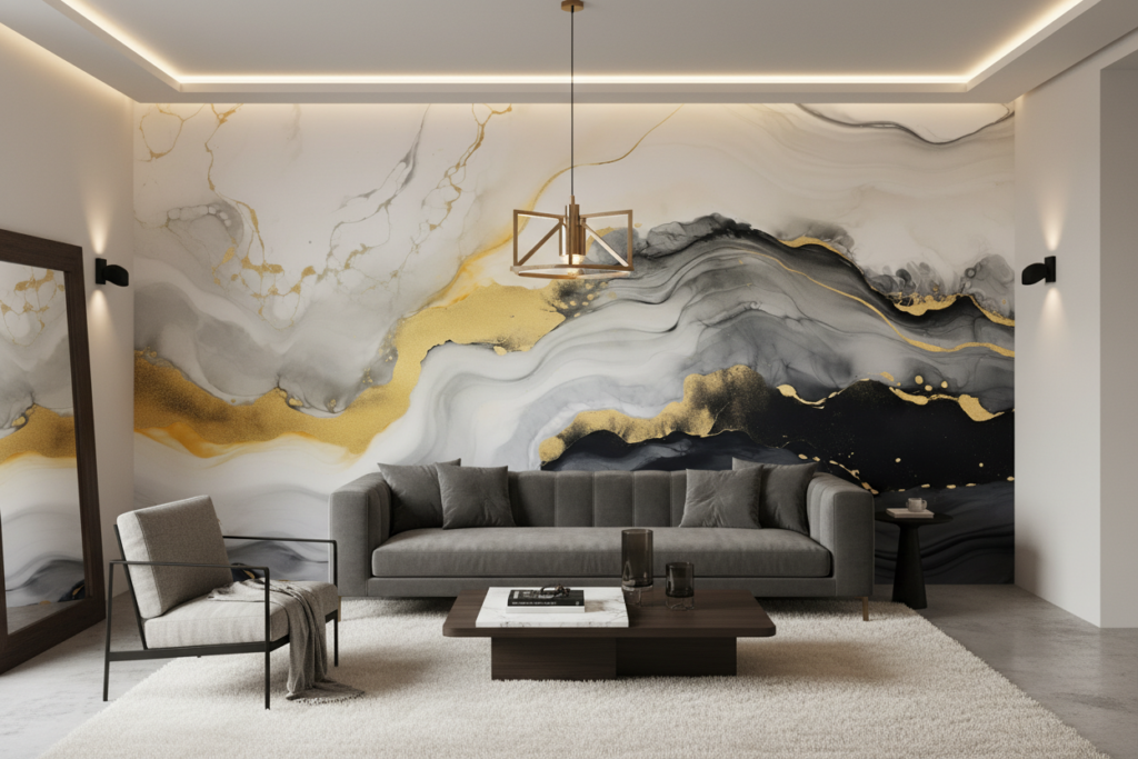 Papier peint abstrait fluide or gris blanc effet marbre liquide - Salon / Séjour