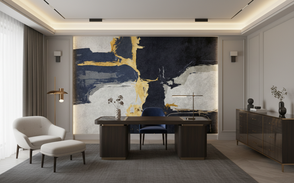 Papier peint abstrait moderne doré bleu marine élégant contemporain - Bureau