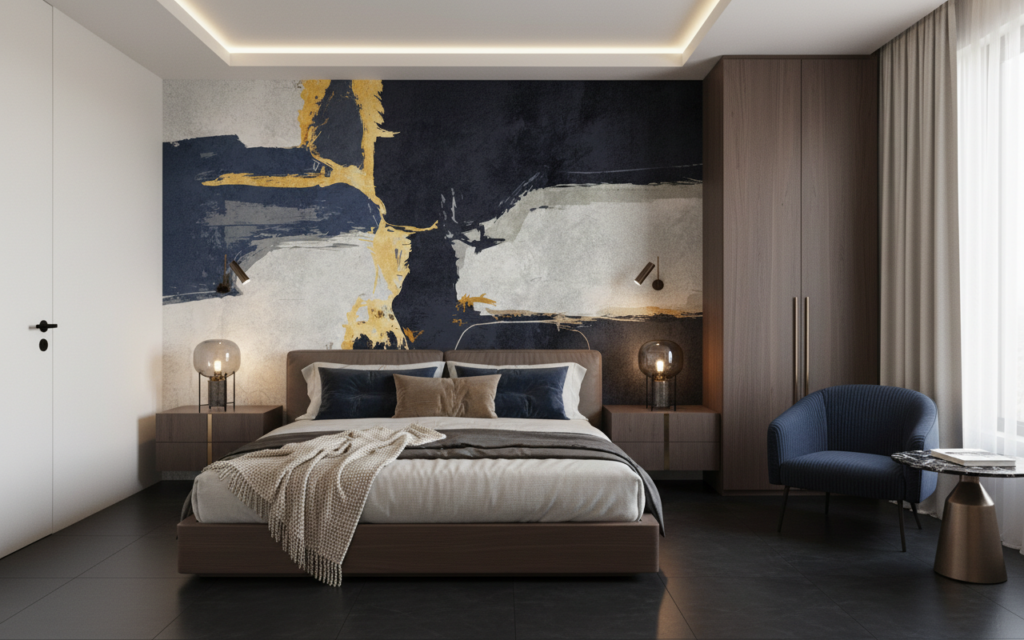 Papier peint abstrait moderne doré bleu marine élégant contemporain - Chambre adulte