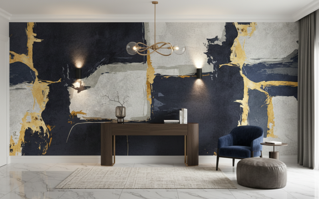 Papier peint abstrait moderne doré bleu marine élégant contemporain - Entrée