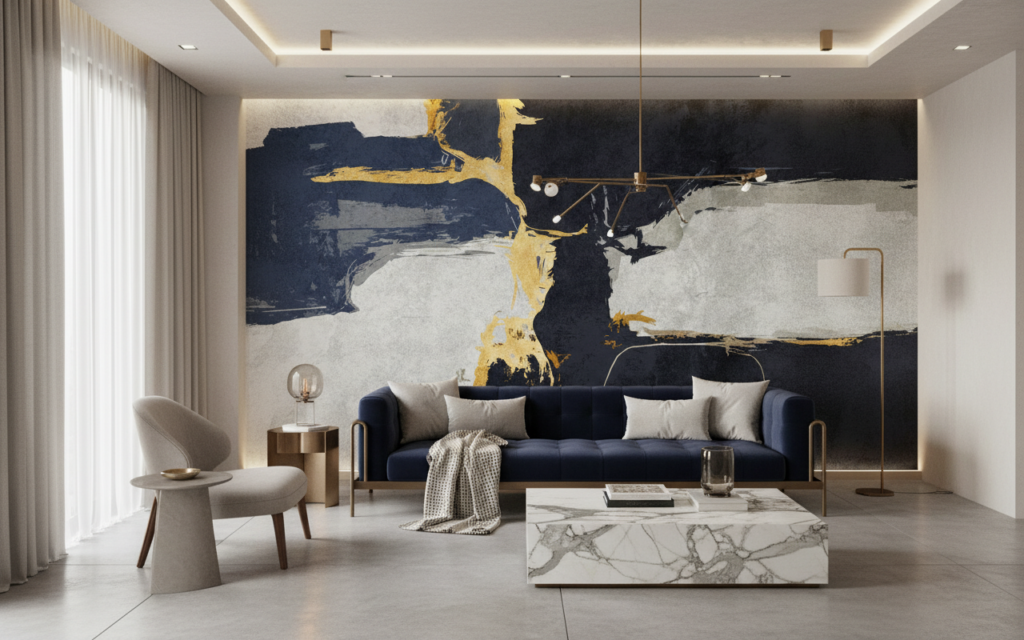 Papier peint abstrait moderne doré bleu marine élégant contemporain - Salon / Séjour