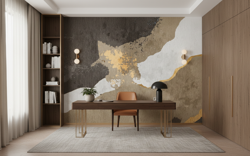 Papier Peint Abstrait Nuances Dorées et Grises Effet Aquarelle - Bureau