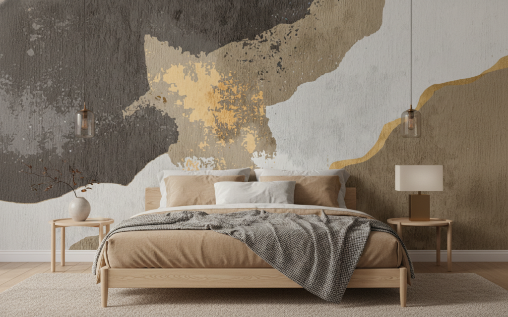 Papier Peint Abstrait Nuances Dorées et Grises Effet Aquarelle - Chambre adulte