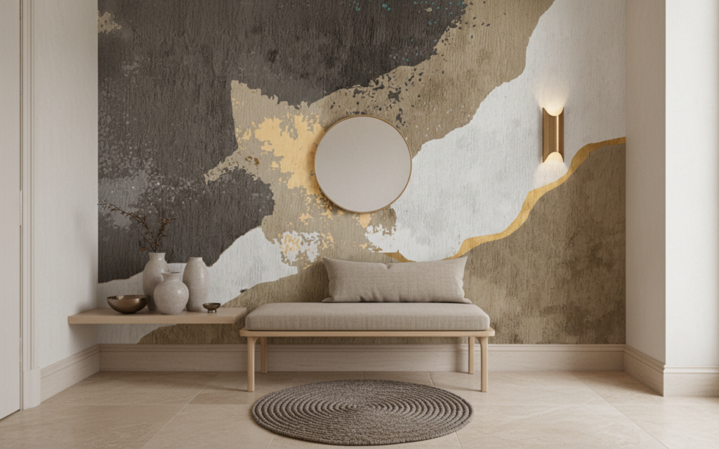 Papier Peint Abstrait Nuances Dorées et Grises Effet Aquarelle - Entrée